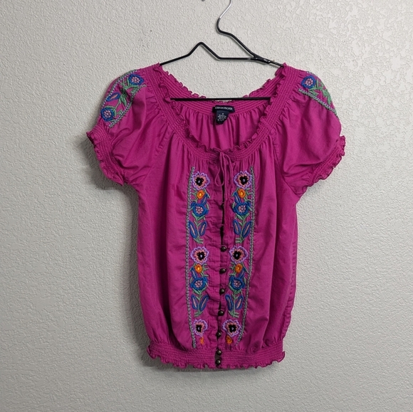 Boston Proper Pink Cotton Top Blouse Floral Embroidery Smocked Ruffle Spring 4 - Picture 2 of 11